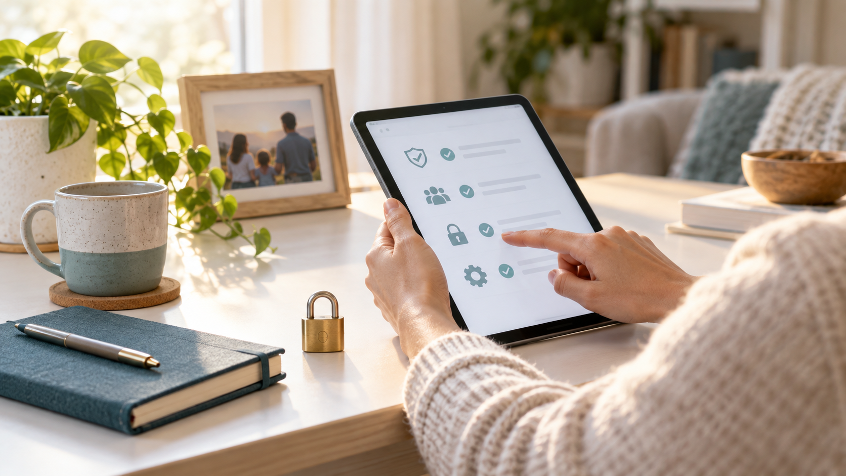 A parent reviewing a privacy checklist on a tablet beside a small padlock